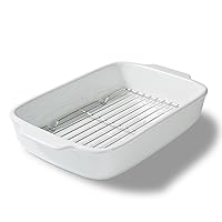 Ceramic Baking Dish with Rack, 13x9 Inches Rectangular Roasting Pan, Bakeware Casserole Dish with Handle, Lasagna Pan for Cooking, White
