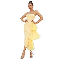 Strapless Formal Evening Dress Side Runched Satin Tube Neck Bodycon Cocktail Party Dress