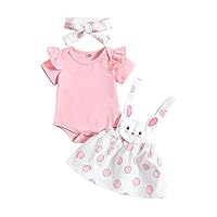 Newborn Baby Girl Easter Outfit Solid Long Sleeve Romper Top 3D Bunny Suspender Skirt Rabbit Dress Headband Clothes