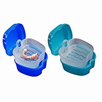 2 PCS Denture Bath Case with Strainer Basket, False Teeth Storage Box Holder, Denture Cup Soaking Container for Travel Cleaning (Blue Green)