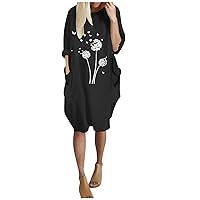XJYIOEWT Spring Dresses for Women 2024 Plus Size Wedding,Pocket O Neck Dress Long Sleeve Loose Casual Plant Long Flower