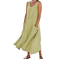Women's Dresses Round Neck Summer Tank Outfits Sleeveless Maxi Long Dress Casual Loose Plain Dress with Pockets Fashion 2024