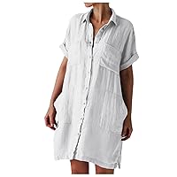 Rolled Short Sleeve Button Down Shirt Dresses for Women Summer Cotton and Linen Dress Casual Lapel V Neck Tshirt Dress