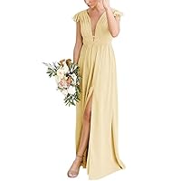 A line Deep V Neck Chiffon Long Bridesmaid Dress for Women, Flutter Sleeves Formal Evening Party Gown with Slit