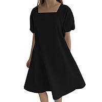 Women's Summer Large Loose Solid Cotton Linen Round Neck Short Sleeve Pocket Medium Length Dress 2024