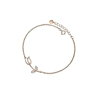 Opal Tulip Charm Bracelet 925 Sterling Silver Cubic Zirconia Flower Bracelet Gift for Women Girls Birthday Anniversary, Rose Gold