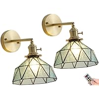 Tiffany Wall Sconces Set of 2,Battery Operated Wall Light with Remote,Indoor Wireless Wall lighting Stained Glass Bule Wall Lamp Fixture Wall Decor for Bedroom Stairway Living Room ( Color : Blue )