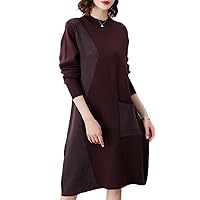 Autumn Winter Women Knitting Dress O-Neck Patchwork Loose Slim Office Lady Middle Aged Mother's Clothes Dresses