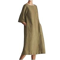 Summer Dresses for Women Casual Cotton Linen Pocket Dress Short Sleeve Crewneck Tunic Dresses Trendy Midi Dundress