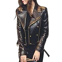 LP-FACON Women's Fashion Cross-Zip Rose Gold Button Brando Motorcycle Biker Leather Jacket