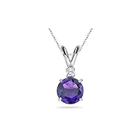 February Birthstone - Amethyst One Diamond Accented Amethyst Solitaire Pendant AAA Round Shape in 14K White Gold Available from 5mm - 10mm