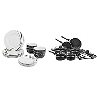 Amazon Basics 18-Piece Kitchen Dinnerware Set, Plates, Dishes, Bowls, Service for 6, Swirl & Non-Stick Cookware Set, Pots, Pans and Utensils - 15-Piece Set