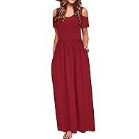 Cold Shoulder Flowy Maxi Dress for Women 2024 Summer Floral Long Beach Dresses Casual Short Sleeve Dresses with Pocket