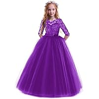 Flower Girls Long Floral Boho Lace Wedding Bridesmaid Dress 3/4 Sleeves Princess Puffy Maxi Tulle Pageant Formal Party Gowns
