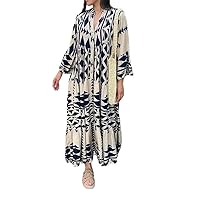 Women's Plus Size Azect Print Boho Floral Maxi Dress Lantern Long Sleeve Geometric Fall Button Down Flowy Shirt Dress