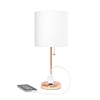 Simple Designs LT2024-RGD Rose Gold Stick Table Desk Lamp with Charging Outlet and Drum Fabric Shade, White Shade