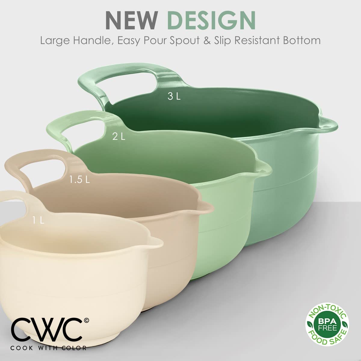 COOK WITH COLOR Mixing Bowls - 4 Piece Nesting Plastic Mixing Bowl Set with Pour Spouts and Handles (Ombre Mint)
