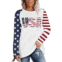 4th of July Women's Distressed American Flag Stars Stripes Long Sleeve Novelty Patriotic Shirts
