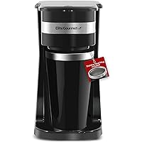 Elite Gourmet EHC113 Personal Single-Serve Compact Coffee Maker Brewer Includes 14Oz. Stainless Steel Interior Thermal Travel Mug, Compatible with Coffee Grounds, Reusable Filter, Black