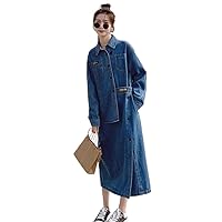 Denim Women Dresses Casual Long Sleeve Irregular Button Design Korean Style -Calf Dress for Clothing