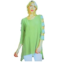 Womens Asymmetrical 3/4 Sleeve Tunic Cold Shoulder Cut Outs Rhinestone Sleeve Top