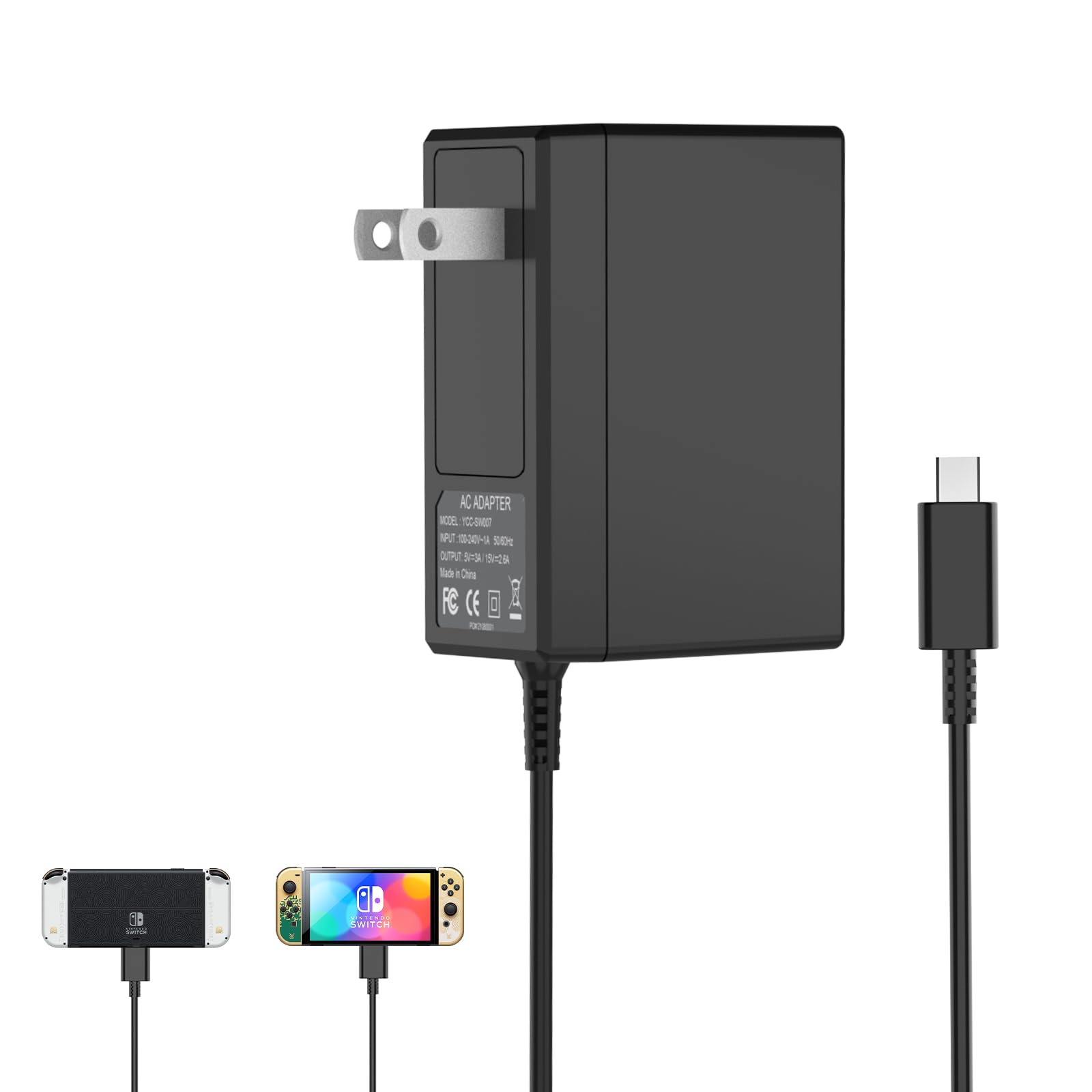 VGAME Switch Charger for Nintendo Switch/Switch OLED/Switch Lite - Fully Charged AC Power Supply Within 2.5H with 5FT USB C Cable, Compatible Android Phone and Switch Dock (Black)