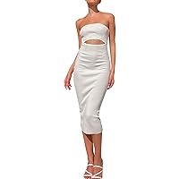 Women's Wedding Guest Dresses Summer Midi Bodycon Dress Strapless Cut Out Knit Tube Long Fitted Dresses, S-L