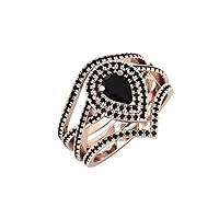 4 CT Pear Cut Natural Black Onyx & Black Spinal 3 Pcs Set in Plated Engagement Ring Set Vintage Art Deco Bridal Floral Ring Set