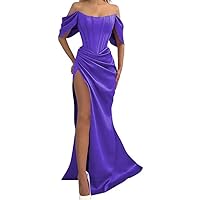 Off The Shoulder Prom Dress Mermaid Ruched Satin Bridesmaid Dresses for Wedding Slit Evening Gowns
