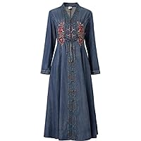 Vintage Women Long Mid-Calf Single Breasted Autumn Denim Chinese Style Embroidery Dress
