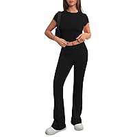 MEROKEETY Women's 2 Piece Outfits Lounge Set Short Sleeve Crop Top Fold Over Flare Pants Y2K Casual Tracksuits