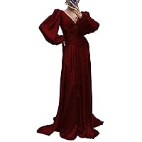 Women's V Neck Satin Maxi Dress Puff Sleeve Formal Evening Dress Casual A-line Long Flowy Dresses