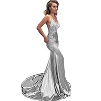 Women's Satin Mermaid Prom Dress Spaghetti Strap Evening Gown Backless