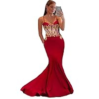 Women's Spaghetti Straps Gold Applique Fishtail Evening Gown 2023 Long Formal Party Prom Dresses