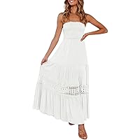 Women's Bandeau Crochet Cocktail Dresses Summer Flowy A Line Party Boho Off The Shoulder Smocked Lace Solid Kawaii