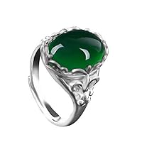 Duan 925 Sterling Silver Green Agate Crystal Ring Emerald Vintage Inlaid Chalcedony Index Finger Opening Adjustable Female Ring