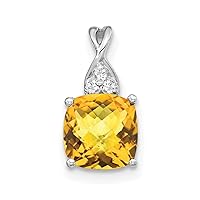 7mm 14k White Gold Checkerboard Citrine and Diamond Pendant Necklace Jewelry for Women