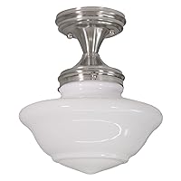 Design House 577494 Schoolhouse Semi Flush Mount Modern Vintage Farmhouse Indoor Dimmable Ceiling Light with White Glass for Entryway Hallway Kitchen Dining Bar Area, Satin Nickel