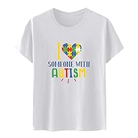 I Love Someone with Autism Shirts Women Short Sleeve Crewneck Tops Funny Puzzle Love Heart Graphic Tee Blouses