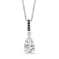 Gem Stone King 925 Sterling Silver White Moissanite and Blue Sapphire Pendant Necklace For Women (1.37 Cttw, Gemstone Birthstone, Pear Shape 9X6MM, with 18 Inch Silver Chain)
