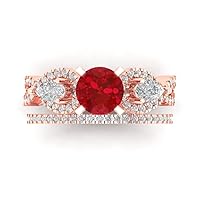 Clara Pucci 2.0ct Round Cut Solitaire 3 stone Genuine Simulated Ruby Engagement Anniversary Wedding Ring Band set 18K Rose Gold