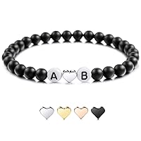 MeMeDIY Personalized Initial Bracelet Engraved Letter Bead Bracelets for Boyfriend Girlfriends Couples Women Men Custom Ankle Bracelet Black Natural Agate White Turquoise with Heart Handmade Gifts