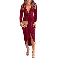 Women Bodycon V Neck Long Sleeve Ruched Cocktail Party Wrap Midi Dresses