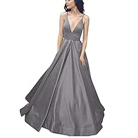 VeraQueen Women's V Neckline Sleeveless Prom Dresses with Pockets Spaghetti Strap Long Ball Gown Dress Gray