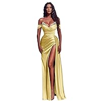 Beaded Satin Prom Dresses Long Ruched Mermaid Formal Dresses Off Shoulder Evening Gowns with Slit