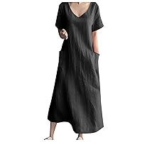 Women's Cotton Linen Dresses Casual Loose V Neck Maxi Dress Plus Size Summer Short Sleeve Baggy Sundress with Pockets