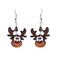 Reindeer Christmas Themed Graphic Dangle Earrings - Womens Fashion Handmade Jewelry Holiday Accessories