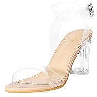 ZriEy Women's Clear Heels Chunky Block Mid High Heeled Sandals Open Toe Transparent Ankle Strap Dress Pump Shoes for Women in Daily Wear Party Wedding