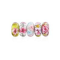 Mixed Set Of 5 Bundle .925 Sterling Silver Core Translucent Shades Of Blue Green Pink Flower Rose Floral Murano Glass Charm Bead Spacer Fits European Bracelet For Women Teen
