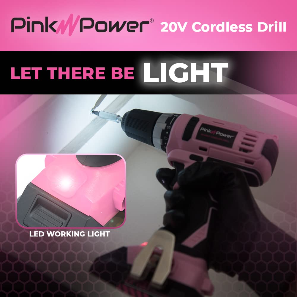 Pink Power Pink Drill Set for Women 20V Cordless Drill Driver Tool Kit for Women Li-Ion Electric Drill, Power Drill w/Tool Bag, Battery, Charger & Bit Set - Lightweight Screwdriver Drill (Renewed)